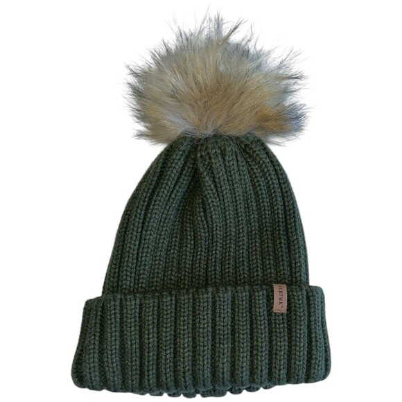 CC Beige Knit Beanie FURTALK Green Faux Fur Pom Hat Womens Winter Lot - Picture 14 of 16